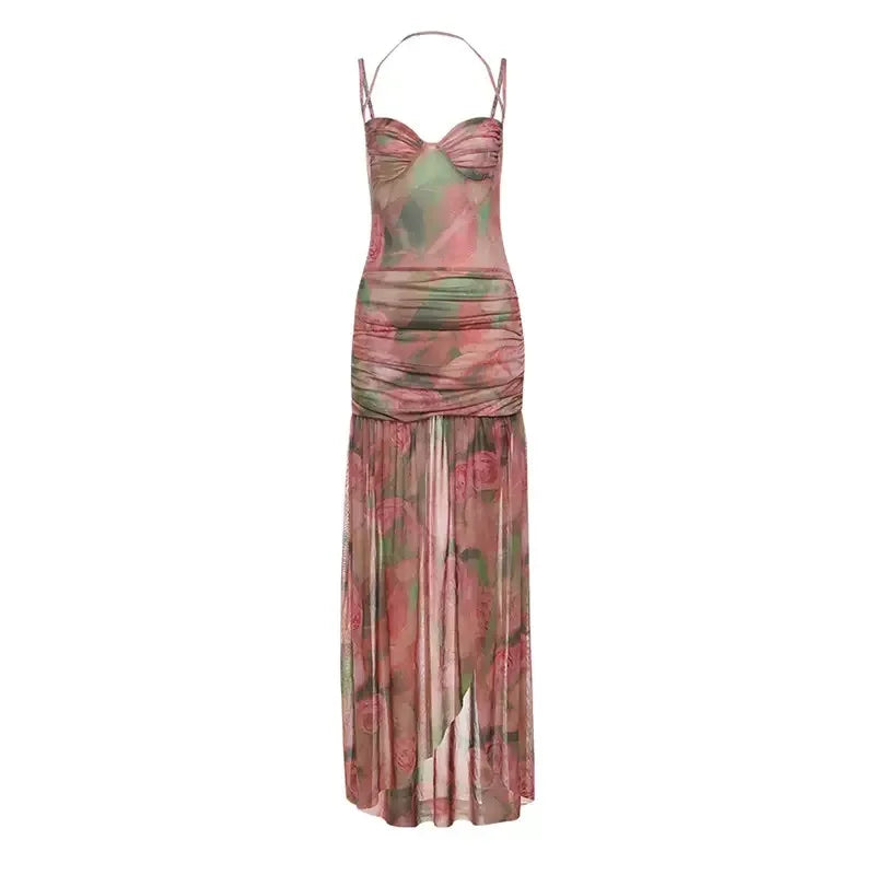 Spring New Women's Long Sve High Collar Plant Print Maxi Top Faionable Individuatic f High Ne Long Open Split Top