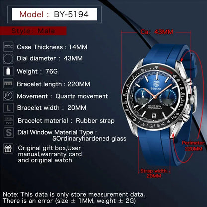 BENYAR Mens Watches Top Luxury Moon Watch For Men Quartz Chronograph Waterproof Military Sports Luminous Clock Reloj Hombre