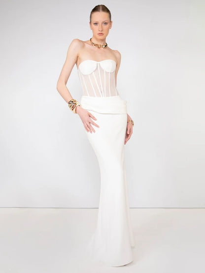 VC Elegant White Corset Simple Wedding Dress – Strapless Sheer Bodice Maxi Dress for Women Modern Minimalist Engagement Dress
