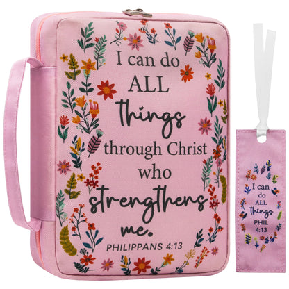 Bible Cover for Women, Pink Floral Scripture Case, Large Capacity Church Book Organizer, Christian Gift for Ladies