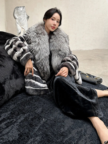Winter Women Real Rex Rabbit Fur Coat 100% Natural Fur Jacket with Large Silver Fox Fur Collar Luxury Streetwear