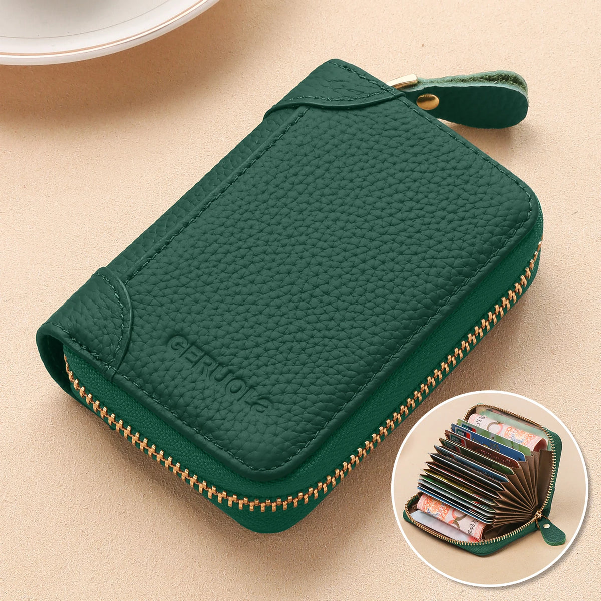 GERUOLA Top-Grain Cowhide RFID-Protected Card Holder Zipper Credit Card Organizer with Multiple Slots ID And Coin Pouch