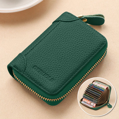 GERUOLA Top-Grain Cowhide RFID-Protected Card Holder Zipper Credit Card Organizer with Multiple Slots ID And Coin Pouch