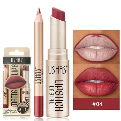 USHAS 12 Color Lip Liner + LIPSTICK Set Easy Coloring Matte Lipstick Long lasting nude red lipstick