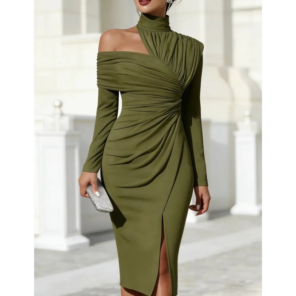 Women's White Off Shoulder Asymmetric Bodycon Dresses Autumn Fashion High Collar Cutout Long Sleeve Ruched Slit Slim Midi Dress