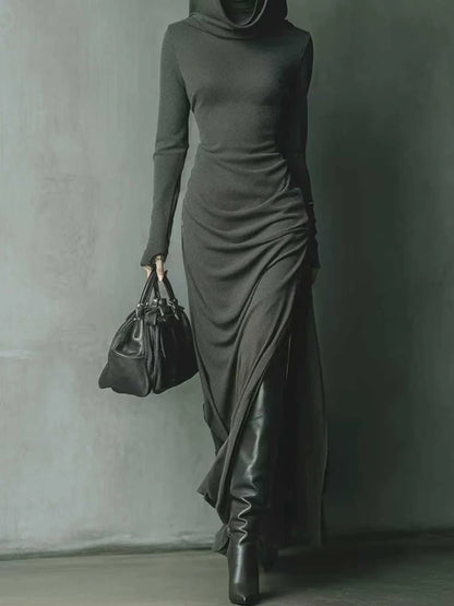 Casual Long Sleeve Solid Color Sport Dress Elegant Hight Waist Pleat Side Long Dresses Women's Fashion Long Sleeve...