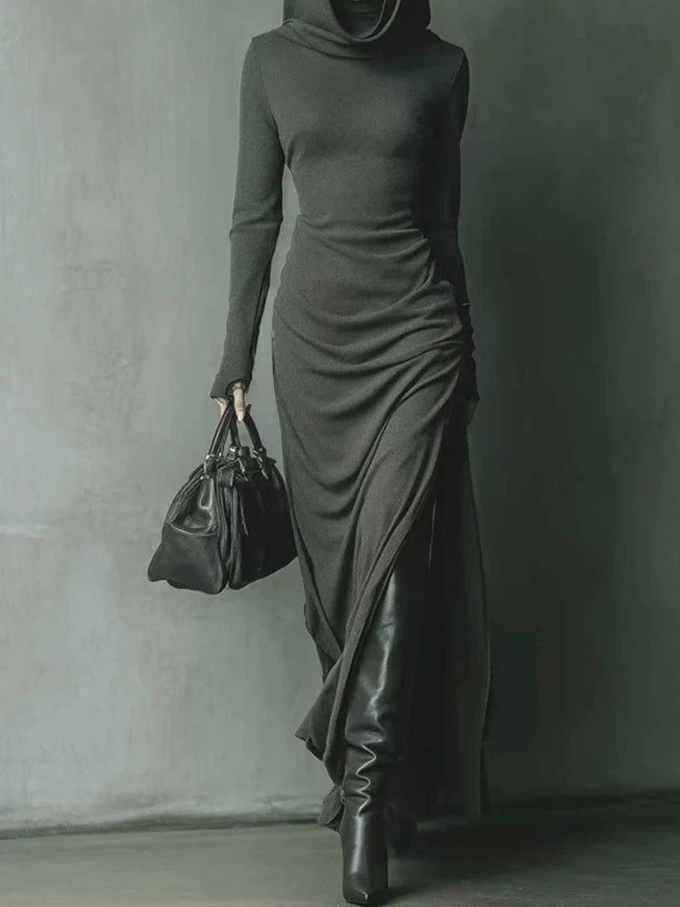 Casual Long Sleeve Solid Color Sport Dress Elegant Hight Waist Pleat Side Long Dresses Women's Fashion Long Sleeve...