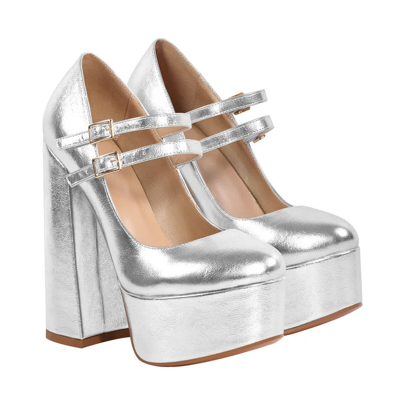 Onlymaker Women Mary-Jane Platform Pumps Gold Chunky 16CM High Heels Ankle Strap Dress Party Plus Size Hoof Heel Shoes