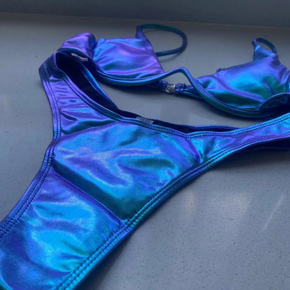 Sexy Triangle Bikini 2022 holographic Blue Push Up Extreme Thong Swimwear Brazilian Bandage Bathing Suit Swimsuit Micro Biquini - Kimlud