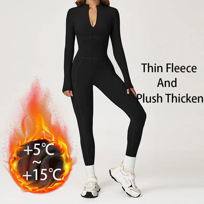 Winter Warm Fleece Sports Jumpsuits Fitness Suits Women's Sportswear Zipper Long Sleeves Tops One-Piece Dance Bodysuit Female - Kimlud
