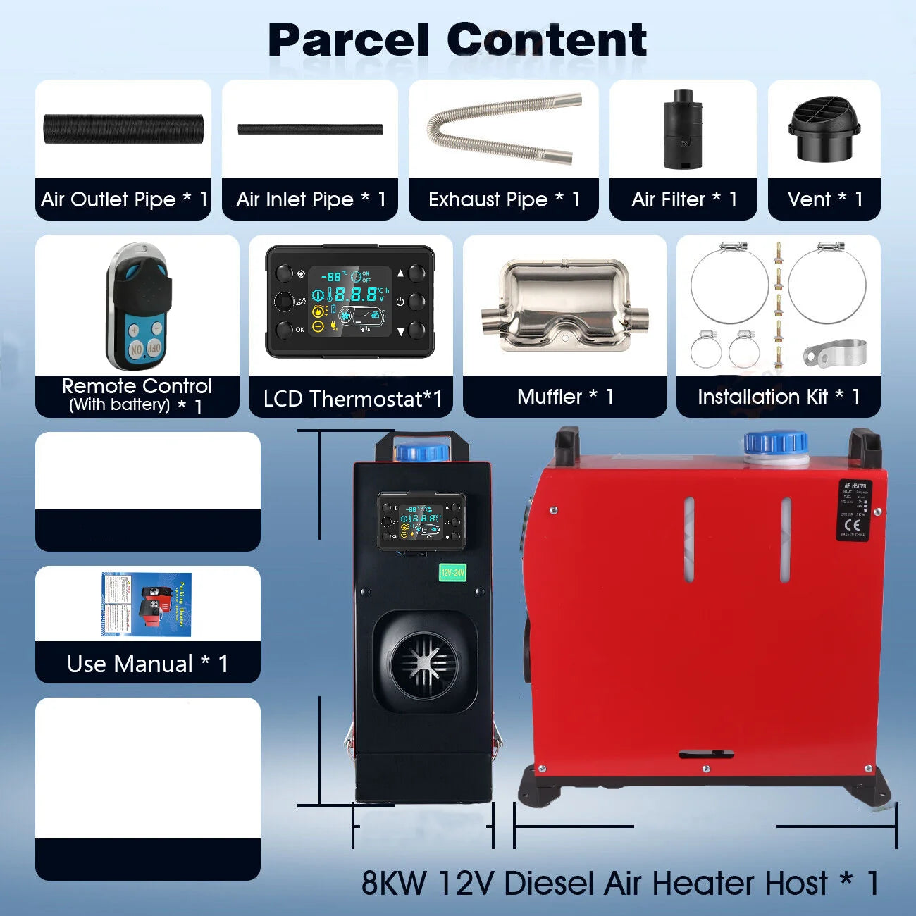 12V/24V Car Heater 2KW/5KW/8KW Diesel Air Heater 6-Buttons LCD Thermostat Parking Heater Fast Heating For Truck Camper Van