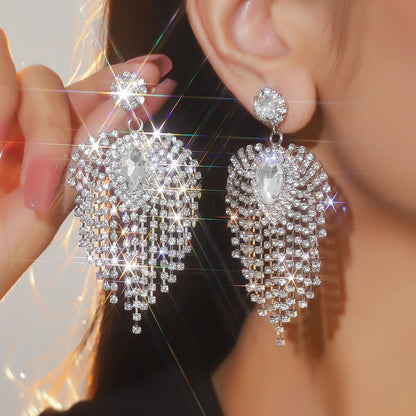Silver Rhinestones Earrings for Women Sparkly Long Linear Dangle Earrings Dangle Tassels Statement Earrings Bridal Wedding