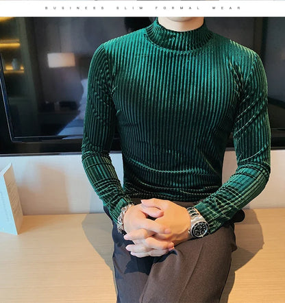 New Gold Velvet T Shirt Men Clothing Fashion Trend Male Luxury Prom Party Long-sleeved Striped Pullover Tops Homme - Kimlud