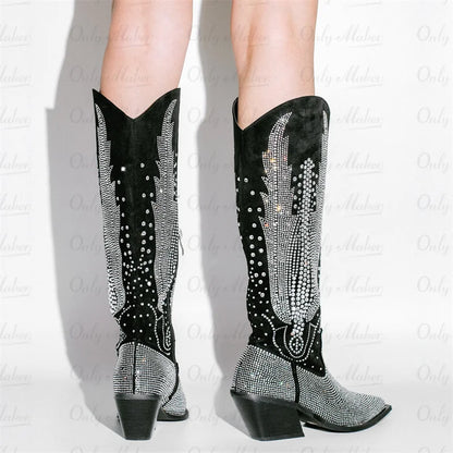 Onlymaker Women Black Knee High Rhinestone Boots Western Cowboy Boots Glitter Bling Shiny Block Heel Handmade Boots