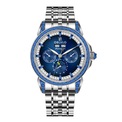 OBLVLO Men's Fashion Automatic Watch Colorful Zircon Moonphase Mechanical Multifunctional Black Leather Strap Timepiece...
