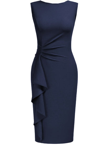 Women Elegant Crew Neck Sleeveless Retro Slim Work Office Cocktail Party Business Ruffle Casual Sheath Bodycon Pencil Dress - Kimlud
