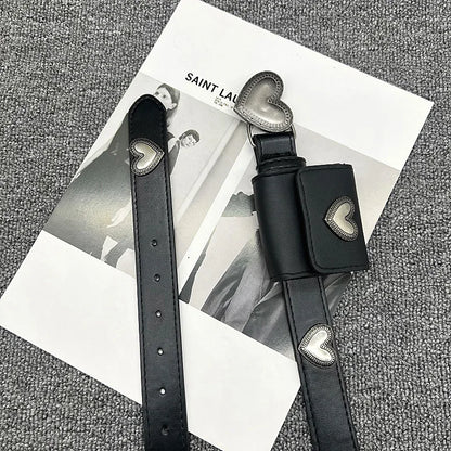 No Buckle Women Casual PU Leather Belt Retro Heart Design Black Small Square Waist Bag Ins Style Summer Versatile Accessory - Kimlud