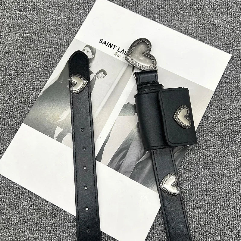 No Buckle Women Casual PU Leather Belt Retro Heart Design Black Small Square Waist Bag Ins Style Summer Versatile Accessory - Kimlud