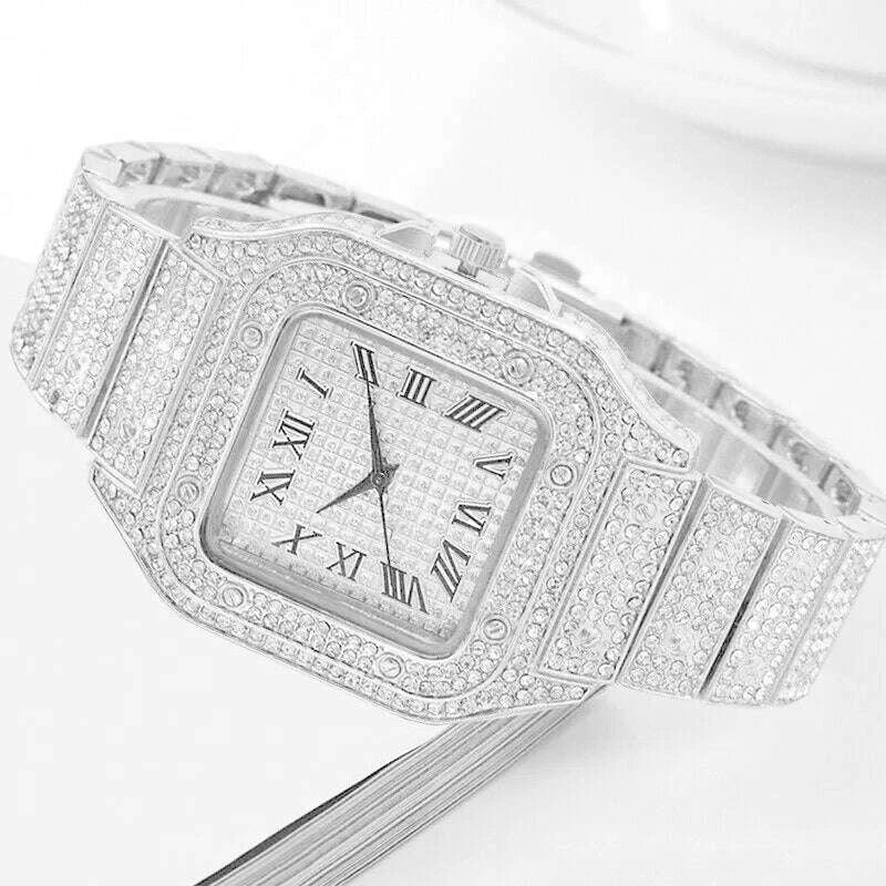 2PCS Set Watches for Men Fashion Casual Watches Simple Mens Square Dial Quartz Wristwatches Clock Necklace Set