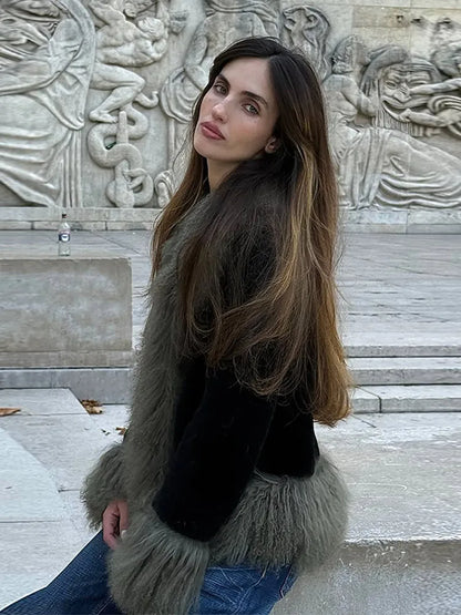 Vintage Patchwork Women's Faux Fur Trim Coat Urban Lapel Full Sleeve Female Jacket Female 2026 Spring Winter Lady Streetwear New