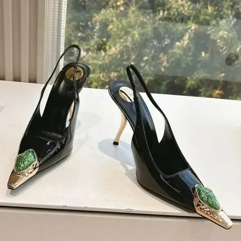 Luxury Metal Jewel Decoration Heels Women 2025 Sexy Pointed Toe Patent Leather Women Pumps Elegant Banquet High Heeled Sandals - Kimlud