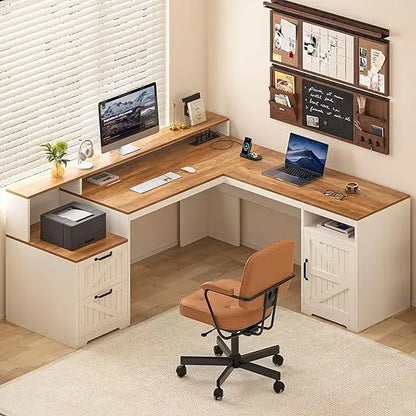 63" Farmhouse L Shaped Executive Desk with Drawers & Storage Shelf, Corner Computer Desk with Power Outlets, L Shaped Office Des - Kimlud