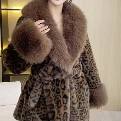 Luxury Vintage Faux Fur Coat Women Fur Collar Long Sleeve with Belt Oversized Fur Jacket Warm Thick Winter Cardigan Lady's Coats
