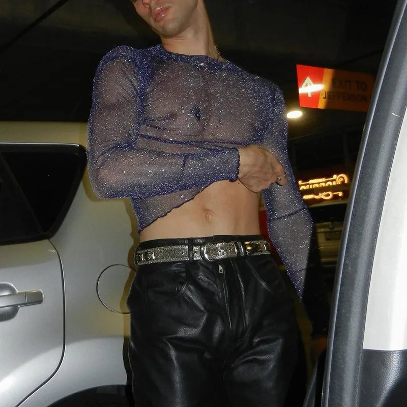 Sexy Men's Slim Stretch Mesh Crop T-shirt Purple Bling See Through Sex O-neck Top Shirts Live Show Dance Nightclub Party - Kimlud