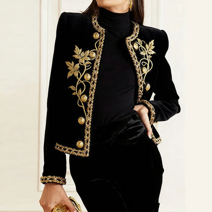 Modigirl Woman Fall Winter Gold Embroidered Jackets 2025 New Velvet Long Sleeve Round Neck Button Christmas Holiday Ladies Coat