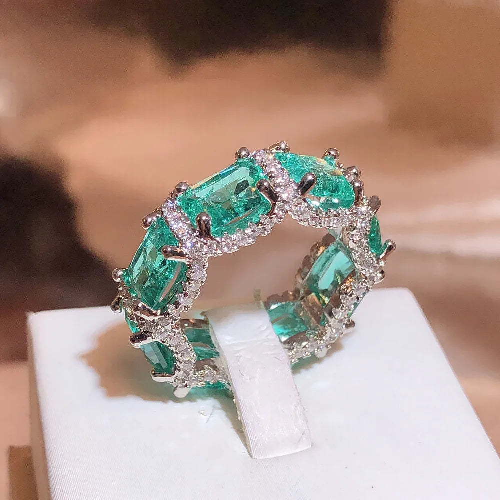 925 Stamp High-definition Paraiba Zircon Jewelry Heavy Industry Inlaid Aquamarine Topaz Ring Women's Party Wedding Rings...