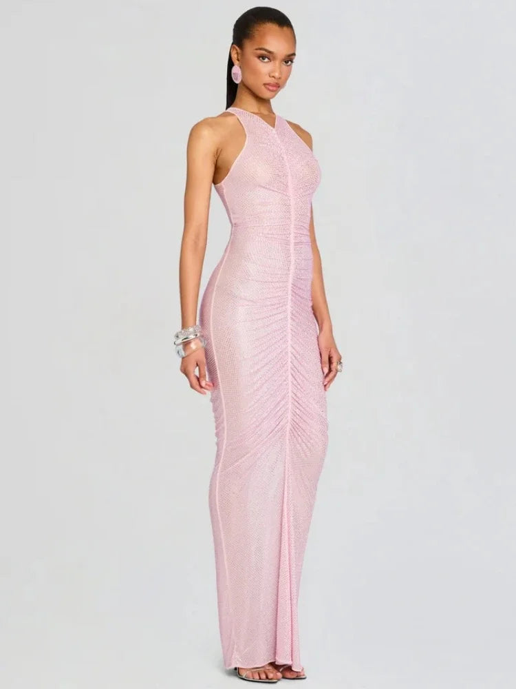 Sexy Sleeveless O Neck Diamonds Mermaid Long Dress Women Pink Fold Ruched Slim Runway Celebrity Evening Party Club Maxi...