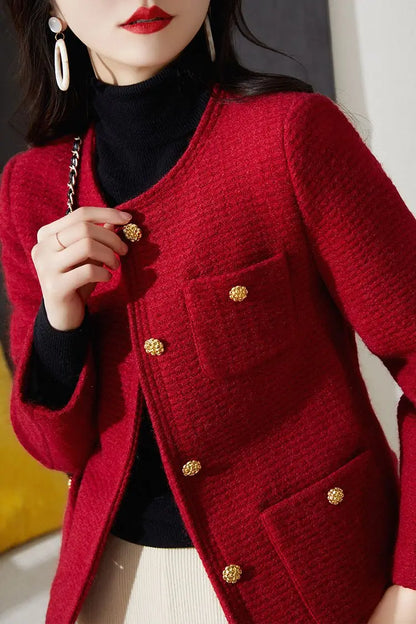 Women's Spring Autumn New Red White Fragrant Coat Chic Outerwear Tops High Street French Fashion
