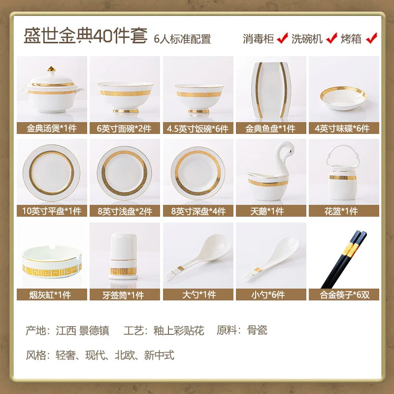 Fine Bone China Dinnerware Sets Home Kitchen Luxury Guests Wedding Tableware Set Gold Plates Jogo De Jantar Dinnerware Sets