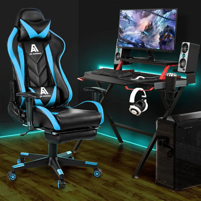 Ergonomic Gaming Chair with High Back, Adjustable Footrest and Lumbar Support - Blue