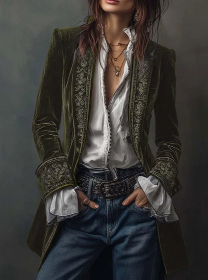 Long Sleeve Women's Outercoat Causal Autumn Winter Elegant Patchwork Velvet Slim Coat Vintage Pattern Print Cardigan Jackets