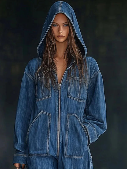 Autumn Winter Hooded Jumpsuits for Women Hoodie Long Sleeve Zip Loose Pocket Wide Leg Trousers One Piece Romper Vintage...
