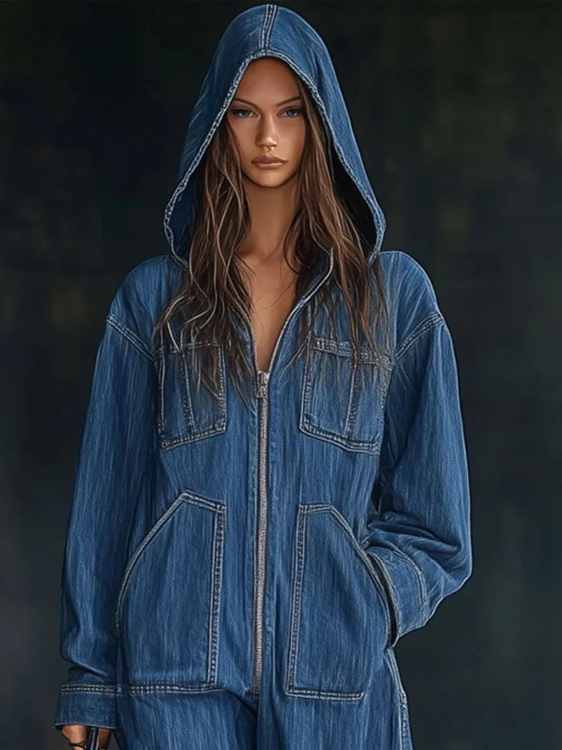 Autumn Winter Hooded Jumpsuits for Women Hoodie Long Sleeve Zip Loose Pocket Wide Leg Trousers One Piece Romper Vintage...