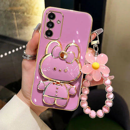 3D Rabbit KickStand Electroplated Soft Wrist Flower Phone Case For Samsung Galaxy S25 Ultra S24 Plus S23 S22 A16 A56 A26 Cover - Kimlud