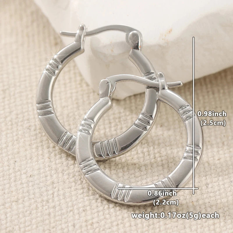 Vintage Silver Color Hoops Earrings Woman Circle Carving Party Daily Wear - Kimlud