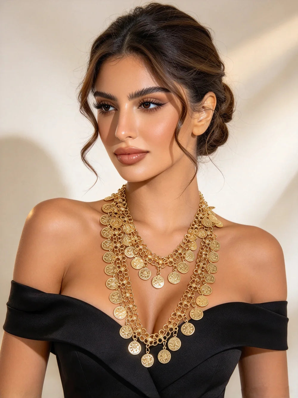 Golden Tassel Shoulder Chain Necklace Arab Kurdish Style Leaf Coin Pendant Fashion Accessory for Dresses Personality Decoration
