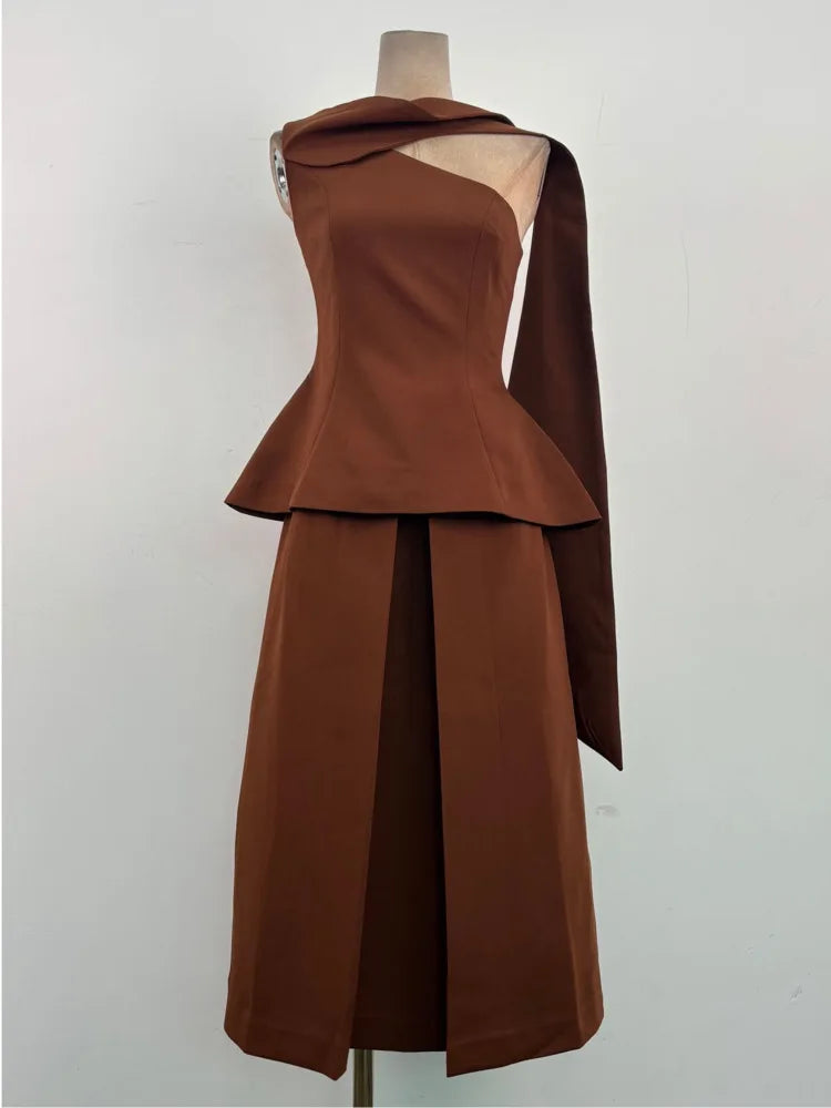 Eshin Luxury Brown Two-Piece Set Women Elegant One-Shoulder Peplum Top And High-Waisted Maxi Skirt With Sash Dubai SA1471 - Kimlud
