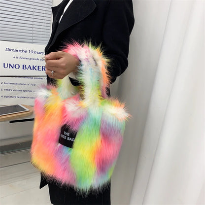 Luxury Designer The Tote Bags for Women Furry Leather Branded Fur Shoulder Bags Female Large Crossbody Handbags