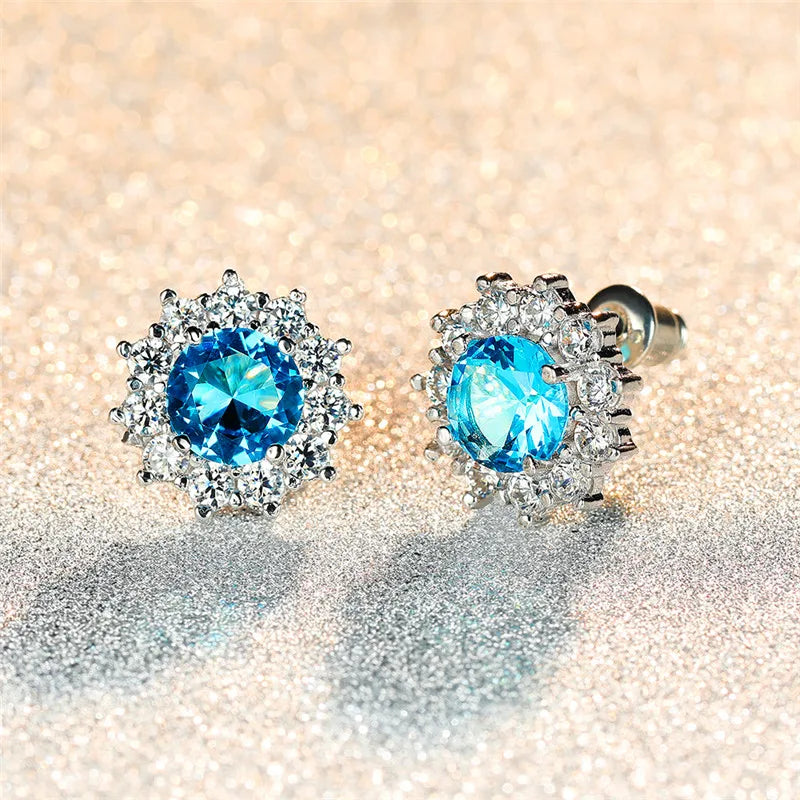 Cute Female Small Water Blue Round Earrings Crystal Stone Fashion Silver Color Wedding Jewelry For Women - Kimlud