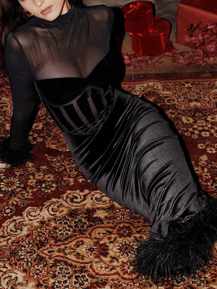 Elegant Feather Tassel Women's Evening Dress Black Mesh Round Neck Long Sleeve Party Bodycon Dress Velvet Cocktail Midi Dresses