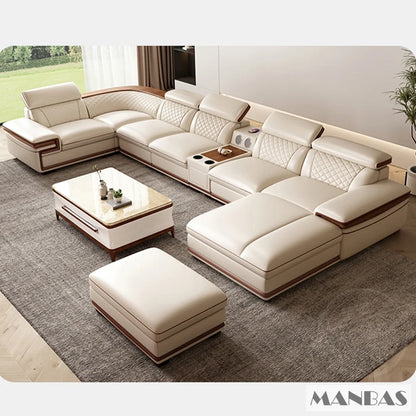 Linlamlim Premium Italian Genuine Leather Sofa Set for Living Room with Adjustable Headrests, Bluetooth Speaker, Wireless Charge