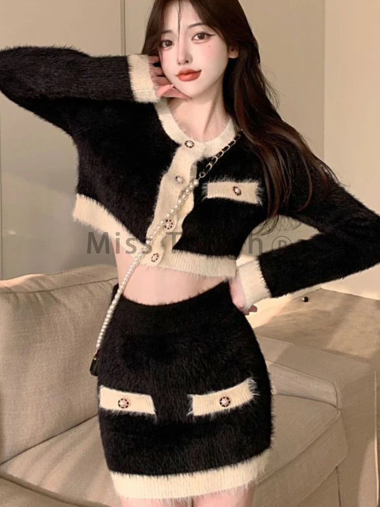 Winter Fluffy Knit 2 Piece Set Women Patchwork French Vintage Mini Skirt Suit Female Korean Fashion Elegant Office Lady Set 2024