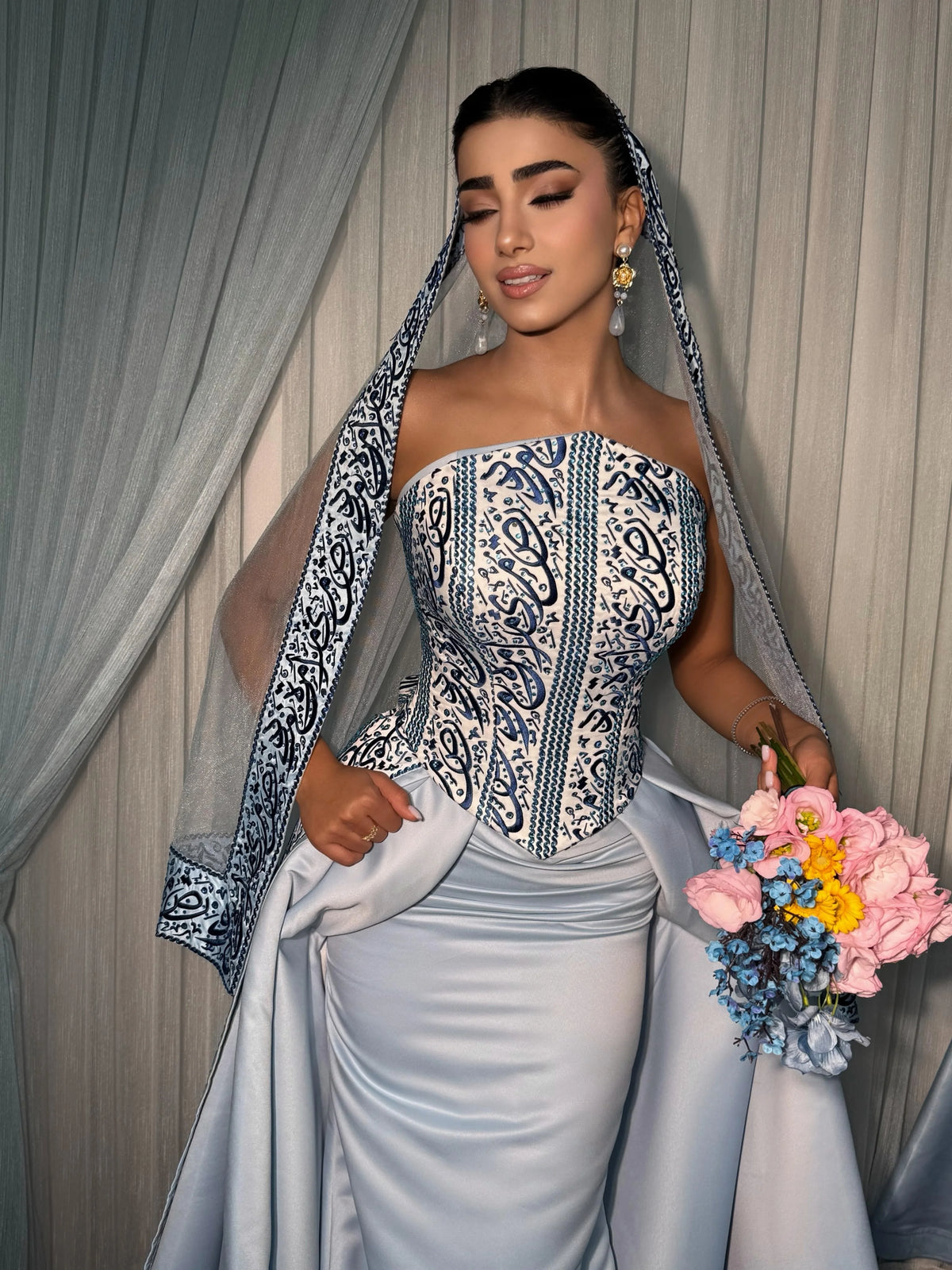 Ofherown Light Blue Evening Dress for Women Printed Corset Satin Formal Gala Prom Ball Gown 2026