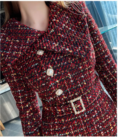 Elegant Retro Tweed Asymmetric Large Lapel Slimming Dress Women's Autumn Winter High-Grade Long Sleeve Mid-length Dress...