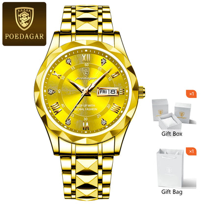 POEDAGAR Luxury Men's Watches Waterproof Luminous Date Week Watch For Man Stainless Steel Quartz Casual Men Wristwatch+Box Gift