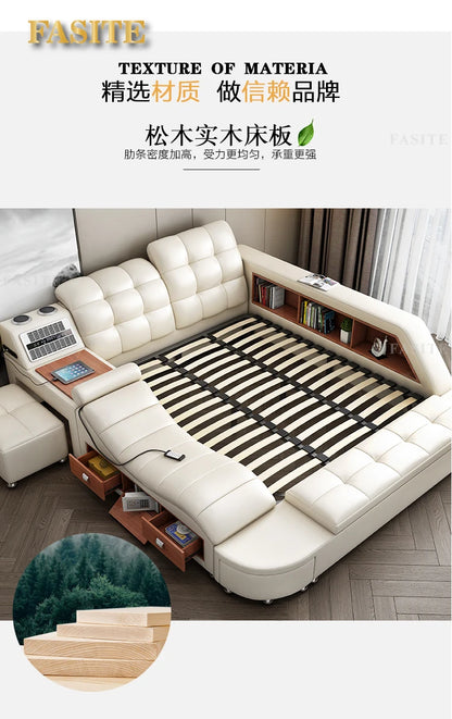 Genuine Leather Tech Smart  Multifunctional Beds Massage Modern Luxury Camas Upholstered With Bluetooth Speaker,Air Cleaner